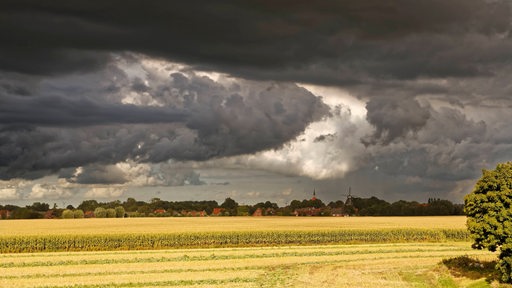 Dunkle Wolken hängen über einem Acker. Im Hintergrund ist eine Ortschaft zu sehen.