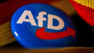Ein Ansteckpin mit dem Parteilogo der AfD liegt mit einer Deutschland-Banderole auf einem Tisch.