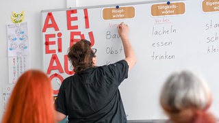 Eine Frau schreibt etwas an eine Tafel