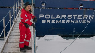 Die Polarstern neben der Forscherin Antje Boetius.