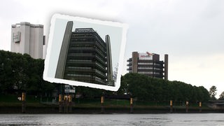 Das Verwaltungsgebäude von Becks in Bremen mit der aktuellen Beschriftung AB Inbev und daneben eine Abbildung aus alten Tagen, mit der Beschriftung "Brauerei Beck und Co,". 