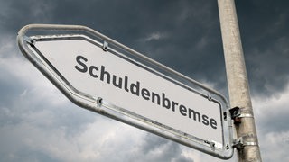 Schild mit Schuldenbremse vor dunklen Wolken