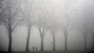 Spaziergänger bei neblig-trübem Wetter.