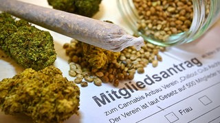 Grüne Pflanzenteile und ein Joint liegen neben einem Zettel, auf dem "Mitgliedsantrag" steht.