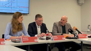 Wiebke Winter, Frank Imhoff und Carsten Meyer-Heder sitzen bei einer Pressekonferenz.