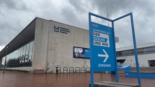 Vor einem grauen Gebäude mit großer Fensterfront steht ein blaues Schild.