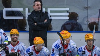 Pinguins-Trainer Thomas Popiesch steht während eines Spiels hinter seinen Ersatzspielern an der Bande.