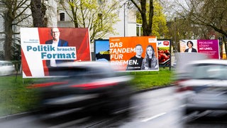 Wahlplakate verschiedener Parteien stehen am Straßenrand. 