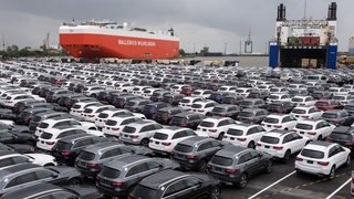 Reihenweise Neuwagen warten auf ihre Verladung am Autoterminal in Bremerhaven.