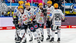 Eishockey-Spieler der Fischtown Pinguins kommen auf dem Eis zusammen, um einen Treffer zu bejubeln.