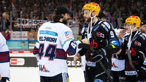 Eishockey-Kapitän der Fischtown Pinguins Jan Urbas gratuliert enttäuscht einem Spieler der Eisbären Berlin zum Meistertitel.