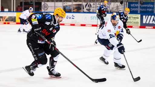 Fischtown-Spieler Miha Verlic führt den Puck mit seinem Schläger über das Eis. Sein Münchner Gegenspieler versucht, sich ihm in den Weg zu stellen.