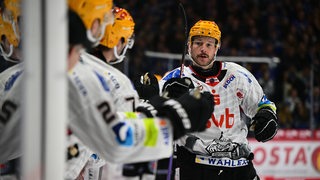 Eishockey-Kapitän der Fischtown Pinguins Jan Urbas klatscht an der Bande bei seinen Mitspielern ab.