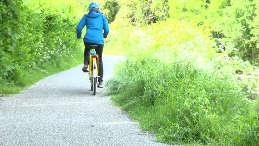 Auf einer Feldwegstrecke fährt eine Person auf einem Fahrrad entlang.