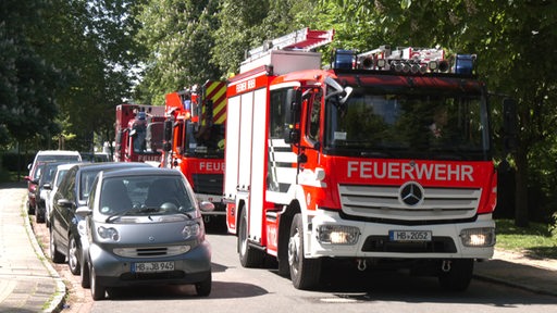 Mehrere Feuerwehrwagen fahren eine Straße entlang.