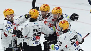 Die Spieler der Fischtown Pinguins bejubeln einen Treffer.