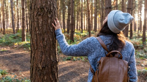 Eine Frau spaziert durch den Wald.