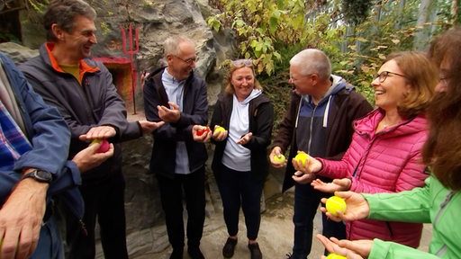 Eine Gruppe von Menschen hält Tennisbälle in der Hand.