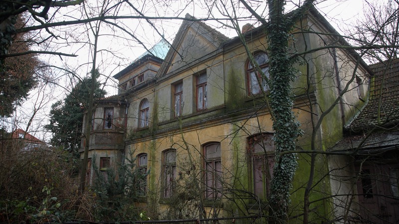 Ein großes, verlassenes Haus steht hinter Bäumen