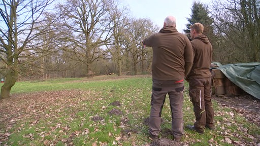 Zwei Personen stehen auf einer leicht bewaldeten Wiese.