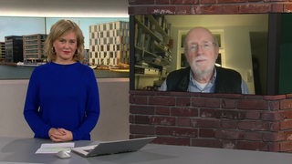 Moderatorin Kirsten Rademacher, im Monitor der Klimaforscher des Alfred Wegener Institut Hans Otto Pörtner im buten un binnen Studio. 