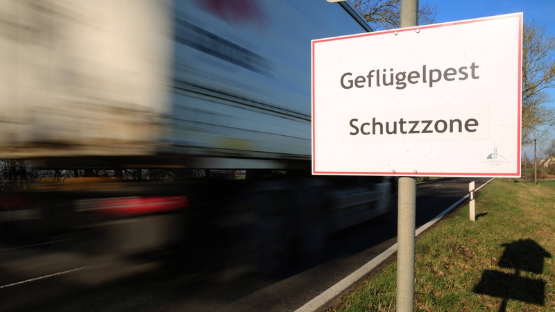 Auf einem Schild am Straßenrand steht "Geflügelpest Schutzzone".