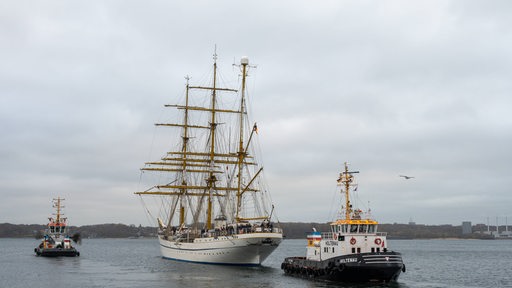 Das Segelschuschiff Gorch Fock liegt auf See.