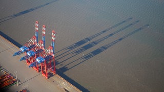 Luftaufnahme: Drei Containerbrücken am Jade-Weser-Port werfen ihren Schatten auf den Jadebusen. 