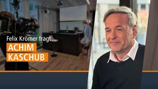 Collage, die älteren Herrn im Vordergrund, im Hintergrund Fernseh-Studio zeigt, dazu Aufschrift "Felix Krömer fragt... Achim Kaschub"