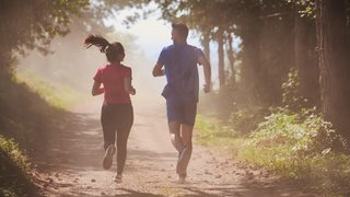 Ein Paar joggt durch einen Wald.