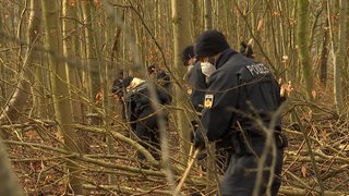 Polizeibeamte suchen etwas im Wald.