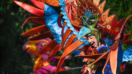 Menschen in bunten Verkleidungen machen beim 37. Bremer Sambakarneval mit. 