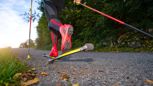 Froschperspektive eines sogenannten Skirollers auf asphaltierte Straße.