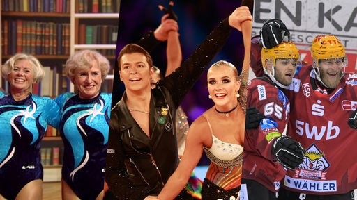 Collage der nominierten Mannschaften der Bremer Sportlerwahl: Die Turnerinnen Roswitha Wahl und Renate Recknagel, die Formationstänzer des Grün-Gold Clubs und die Eishockey-Profis der Fischtown Pinguins.