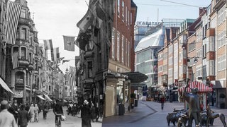 Montage zeigt die Sögestrasse links um 1928 und rechts im April 2020. Blick Richtung Obernstraße