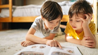 Zwei Jungen schauen sich zusammen ein Buch an