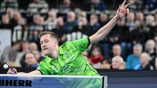 Werders Tischtennis-Profi Mattias Falck reckt sich am Tisch mit ausgestrecktem Arm, um einen kurzen Ball zu erreichen.