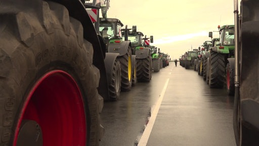 Viele Trecker auf einer Straße.