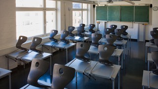 Eine Frau steht in einem Klassenzimmer vor einer Tafel. Im Vordergrund sind Schülerinnen und Schüler mit Streichinstrumenten zu sehen.