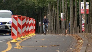 Ein Fahrradfahrer fährt am Wall entlang, daneben Autos.