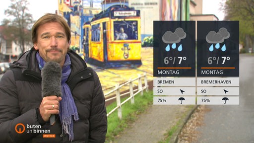 Der Moderator Andree Pfitzner und die Wettertafeln vor einer bemalten Hausfassade.