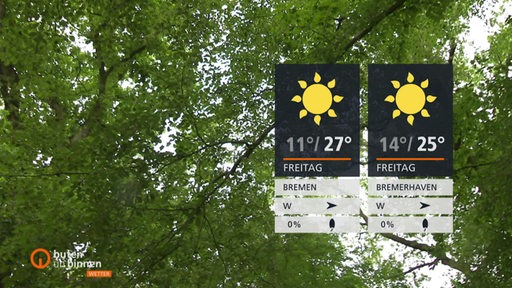 Rechts sind die Wetterkacheln und im Hintergrund sind grüne Baumkronen zu sehen.