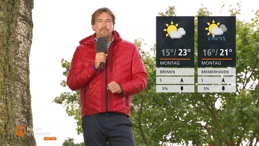 Andree Pfitzner vor Bäumen, neben ihm die Wettertafeln.