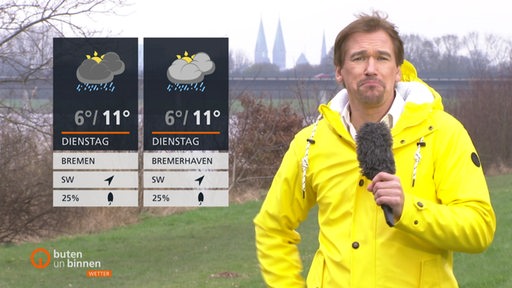 Der Wettermoderator Andree Pfitzner im Studio von buten un binnen.