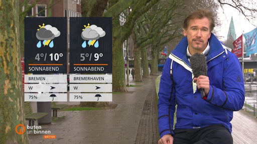 Der Wettermoderator Andree Pfitzner neben den Wettertafeln, im Hintergrund einige Bäume und die Schlachte.