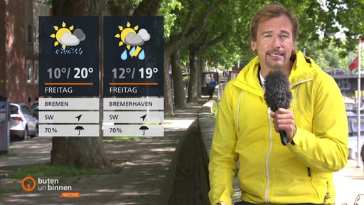 Der Wettermoderator Andree Pfitzner an der Schlachte, auf der linken Seite sind die Wettertafeln zu sehen.